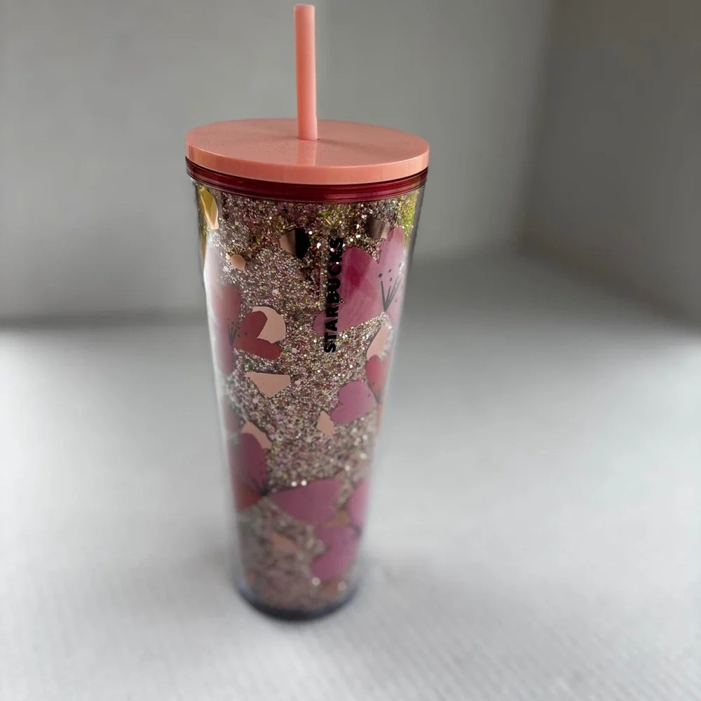 Starbucks 24oz Valentine Hearts Glitter Cold Cup Pink Tumbler Reusable 2020s New